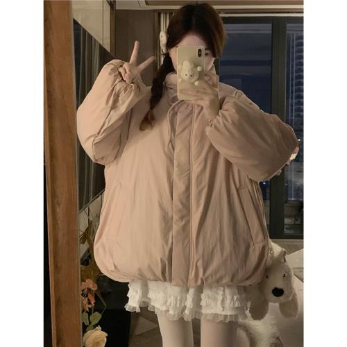 韓系甜美加絨棉服女冬季2025年新款休閑立領保暖oversize棉襖外套