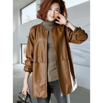 外套女大碼中長款早冬棒球服皮衣