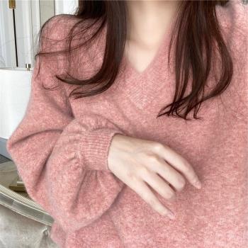 很仙的粉色v領軟糯羊絨毛衣女秋冬寬松慵懶風外穿甜美溫柔日系厚