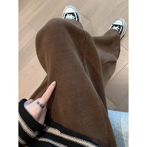 棕咖色燈芯絨褲女春秋冬季加絨直筒雪尼爾高腰垂感條絨拖地闊腿褲