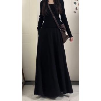 黑色半身裙女春季高階感長裙到腳踝大碼a字百褶胖mm遮肚藏肉裙子