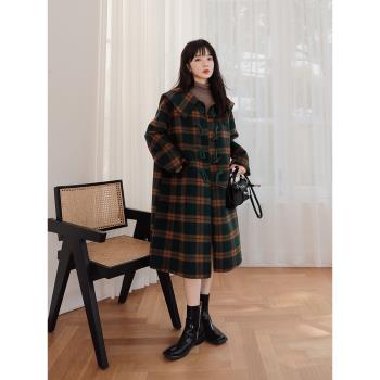 Lecea Alice格子羊絨大衣女2025冬季新款韓版牛角扣雙面毛呢外套