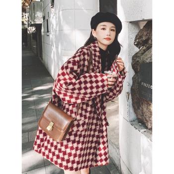 Lecea Alice西裝領毛呢外套女2025冬季新款復古格子羊絨大衣女