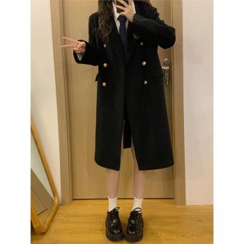 學院風JK制服雙排扣黑色毛呢外套秋冬季高階感正肩中長款呢子大衣