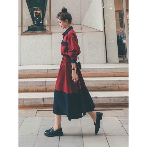 Lecea Alice酒紅色拼接連衣裙2025年春季新款收腰顯瘦高腰襯衫裙