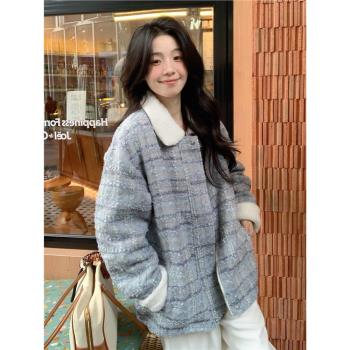 TLGIS春秋藍色小香風羊羔絨上衣外套棉服棉衣女寬松ins風夾克外套