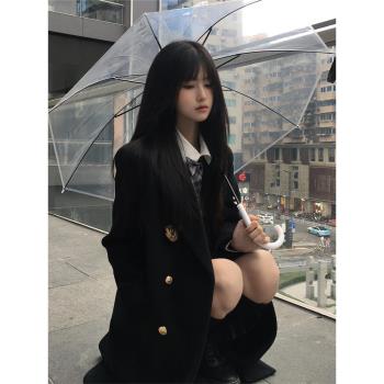 原創校供JK制服大衣女秋冬學院風雙排扣中長款小個子黑色毛呢外套