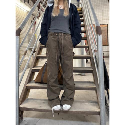 川川也美式水洗做舊直筒褶皺工裝褲男女街頭復古松緊腰抽繩褲子潮