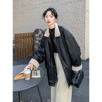 獨特超好看內膽羽絨服黑色皮衣女2025新款冬季加厚羊羔毛拼接外套