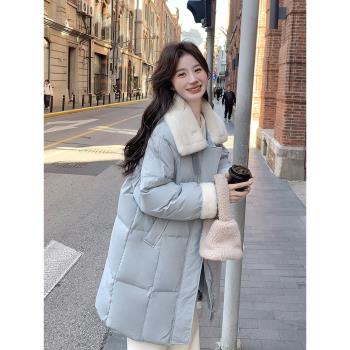 羊羔毛翻領藍色羽絨服女冬季超好看甜美中長款白鴨絨外套流行爆款