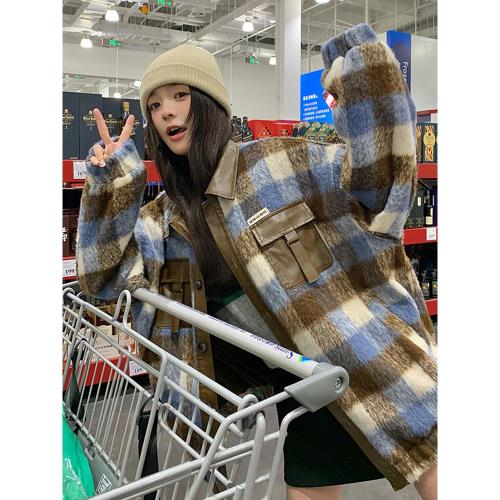 復古格子毛呢外套女小個子2025冬季新款韓版寬松pu皮拼接毛絨上衣