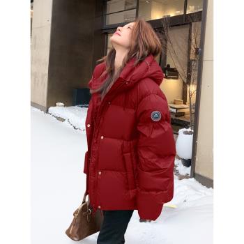 新年紅色鵝絨羽絨服女冬季2025新款韓系休閑加厚保暖麵包服小個子