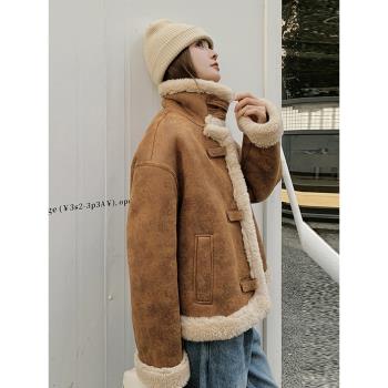 美拉德復古皮毛一體羊羔毛外套女短款2024冬季新款加厚麂皮絨棉服