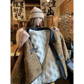 pu皮拼接內膽羽絨服毛呢厚外套女冬季今年流行韓系小香風呢子大衣