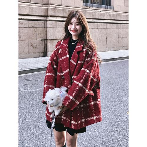 新年戰袍紅色格子羽絨內膽毛呢外套女秋冬高級感小香風西裝呢大衣