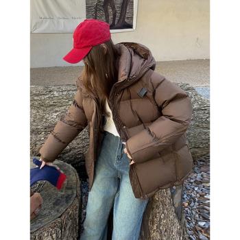 美拉德咖色短款鵝絨羽絨服女冬季2025新款韓系休閑連帽短款麵包服