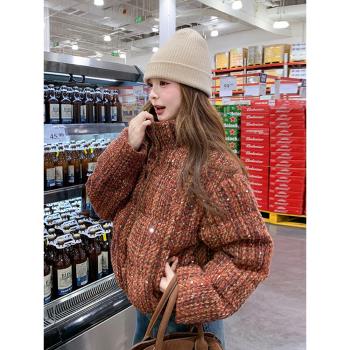 復古紅色格紋小香風羽絨服女士冬季2025新款超好看短款立領厚外套