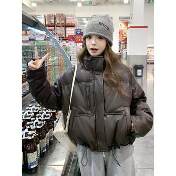咖色皮衣羽絨服女冬季2025新款小個子短款立領白鴨絨外套流行爆款