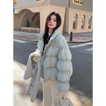 baby藍色短款羽絨服女冬季加厚超好看設計感重工抽褶90白鴨絨外套