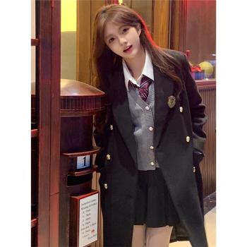 原創校供雙排扣毛呢外套女秋冬學院風JK制服小個子黑色大衣中長款