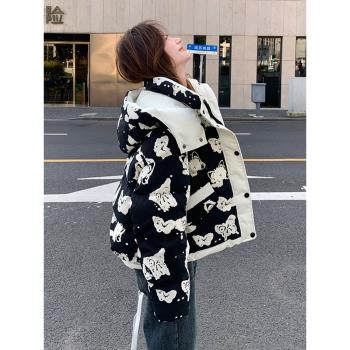獨特超好看蝴蝶花色羽絨服女冬2025新款高階感連帽短款麵包服潮牌