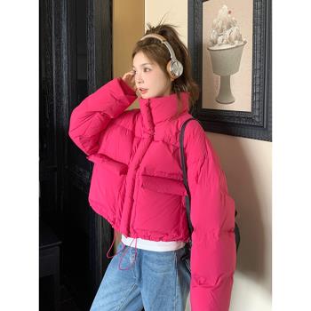 玫紅色短款羽絨服女冬季2025新款時尚洋氣超好看小個子立領麵包服