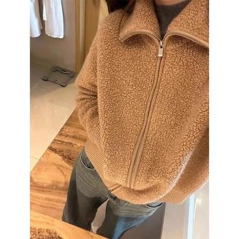 美拉德羊羔絨短款翻領針織開衫女秋冬加厚搖粒絨立領寬松毛衣外套