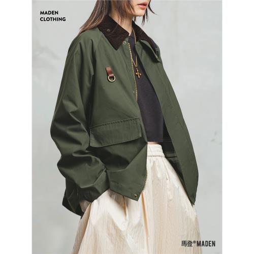 馬登巴恩風拼接燈芯絨外套美式工裝夾克復古翻領獵裝上衣秋季女