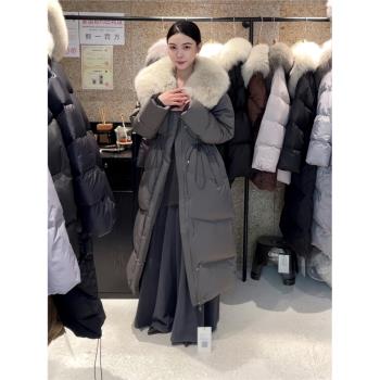 韓國收腰狐貍毛羽絨服女中長款2025冬新款顯瘦過膝大毛領加厚外套