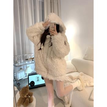 甜美可愛環保羊羔毛絨連帽外套女冬慵懶風加厚中長款寬松皮草棉服