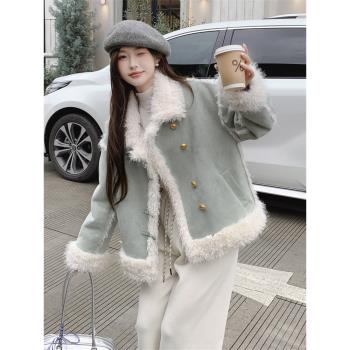 藍色小香風麂皮絨皮毛一體羊羔毛外套女冬季2025新款絕美奶乎乎