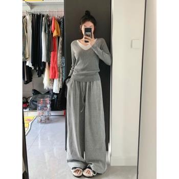 高腰垂感闊腿褲女秋冬抖抖糯米灰色羊絨毛巾針織休閑慵懶拖地長褲