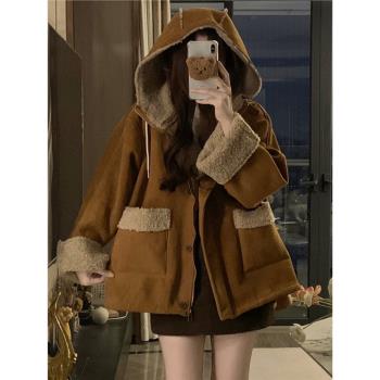 美式復古羊羔毛棉衣外套女2025冬季新款連帽加厚保暖麂皮絨棉服襖
