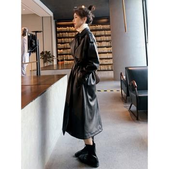 Lecea Alice黑色皮衣外套女2024秋季新款顯瘦氣質中長款大衣女潮
