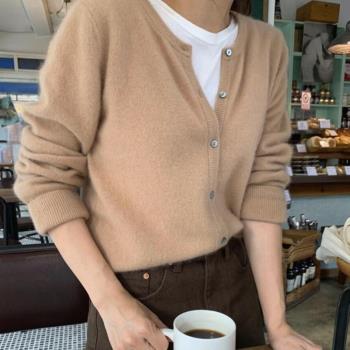 100%純羊毛開衫女短款圓領毛衣外套寬松簡約百搭羊絨針織外搭上衣