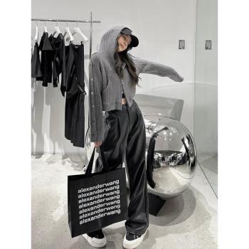 高個子超長復古黑色PU皮褲女秋冬新款美式高街寬松褶皺闊腿褲加絨