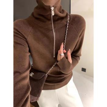 美式半拉鏈高領長袖針織衫女秋冬修身內搭立領毛衣打底衫復古上衣