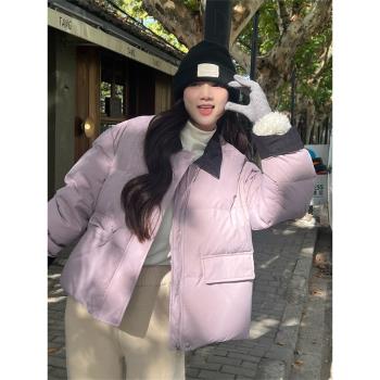撞色翻領紫色羽絨服女冬季2025新款小個子麵包服減齡奶乎乎溫柔風