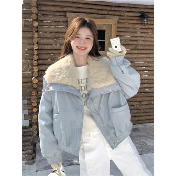 藍色羊羔毛翻領pu皮羽絨服女冬季2024新款美式復古小個子高階感