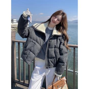 針織領拼接灰色羽絨服女冬季2025新款小個子短款麵包服高級感設計