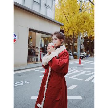 Lecea Alice聖誕紅棉服2024冬季新款羊羔毛拼接加絨加厚棉襖外套