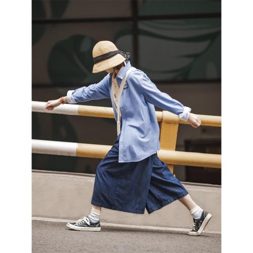 馬登日系休閑高腰牛仔褲寬松顯瘦半身裙褲闊腿背帶褲百搭背帶裙女