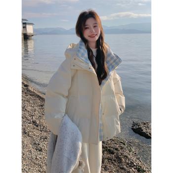 藍色格子拼接羽絨服女冬季2025新款撞色加厚保暖學院風小個子加厚