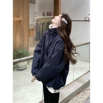 藏青色羊羔毛拼接派克服羽絨服女冬季2025新款白鴨絨工裝外套加厚