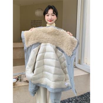 藍色羊羔毛大翻領工裝羽絨服外套女冬季派克服短款小個子高階感
