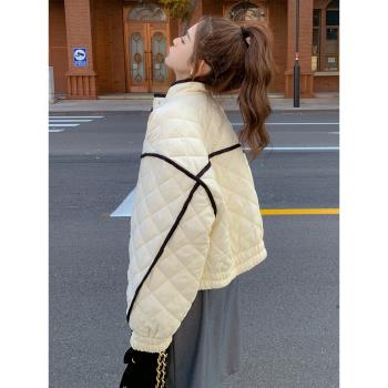 菱格短款夾棉羽絨棉服外套女秋冬2024新款高階感小眾輕薄棉衣ins