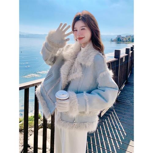 淺藍色仿皮草羊羔毛絨皮毛一體外套女冬季機車服麂皮絨棉服爆款