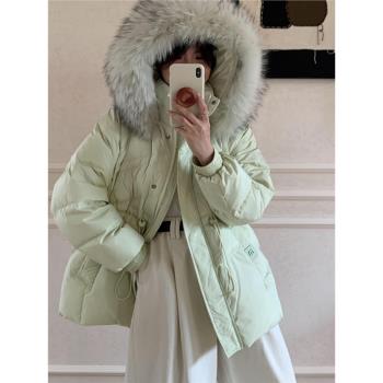 大毛領羽絨服女2024新款加厚寬松抽繩收腰中長款時尚白鴨絨外套潮