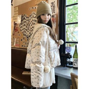 針織連帽碎花羽絨服女冬季2025新款小清新流行短款小個子麵包服