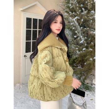 綠色碎花針織大翻領羽絨服女冬季新中式國風盤扣爆款流行加厚外套